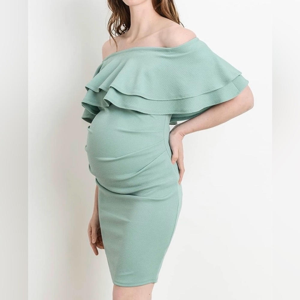 Hello Miz Maternity Green Off-Shoulder Ruffle Bodycon Dress | Size Small